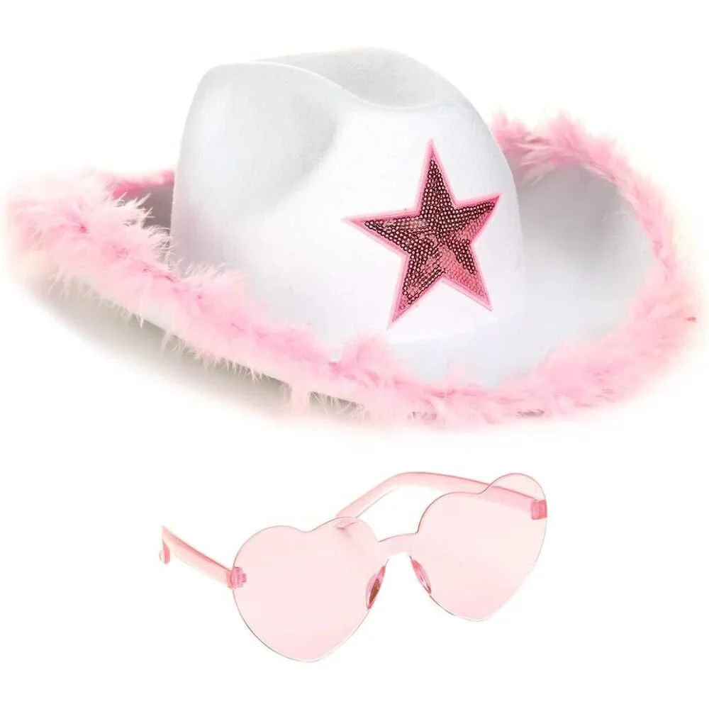 Cowboy Hat and Glasses Set Fur Cowgirl Accessories for Women Party Costume